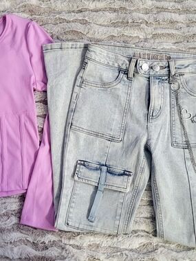 2 Pc Set Justice Girls Top & Cargo Flare Jeans LT Wash with Heart Chain NEW 12